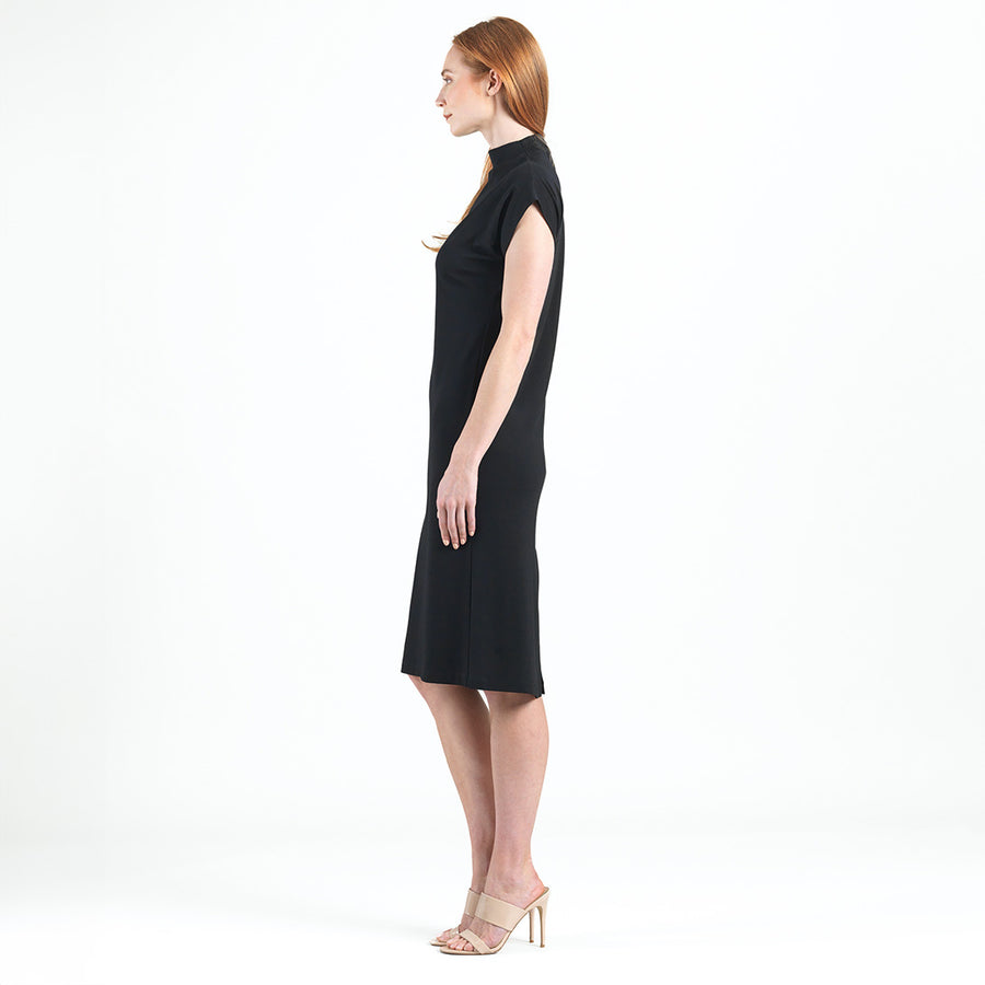 Lightweight Ponte - High Neck Cap Sleeve Midi Dress - Black