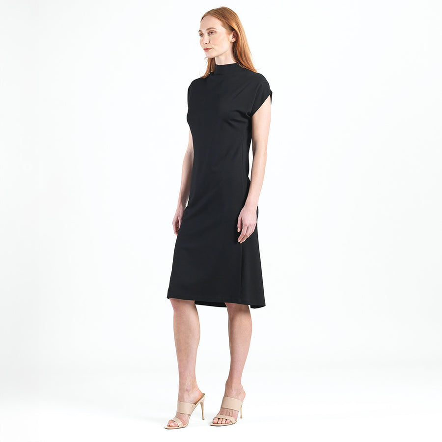 Lightweight Ponte - High Neck Cap Sleeve Midi Dress - Black