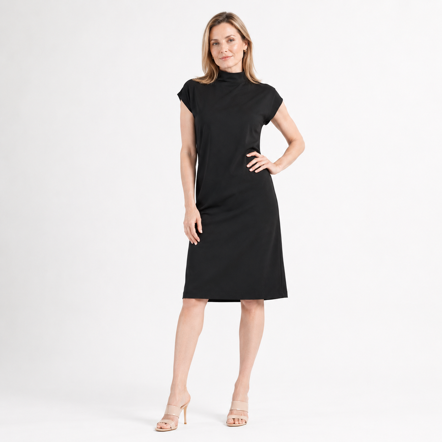 Womens High Neck Cap Sleeve Midi Dress Black Ponte