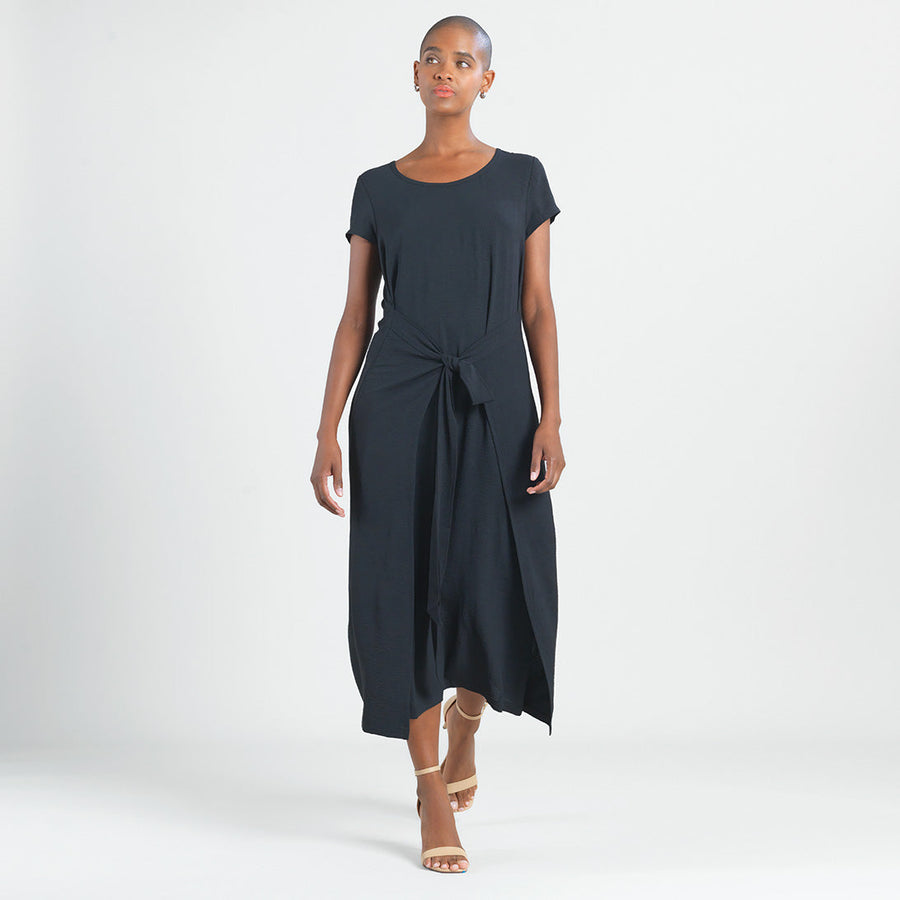 Soft Textured Rayon - Wrap Overlay Center Tie Midi Dress - Black