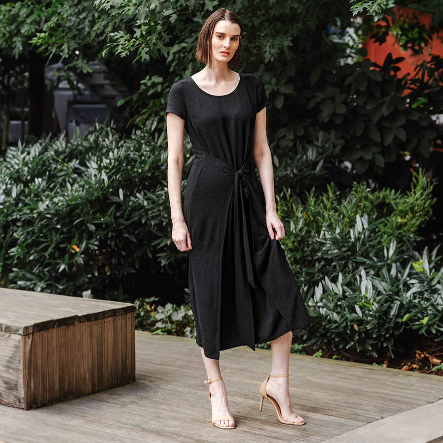 Womens Rayon Wrap Midi Dress Black Womens Rayon Wrap Midi Dress Black