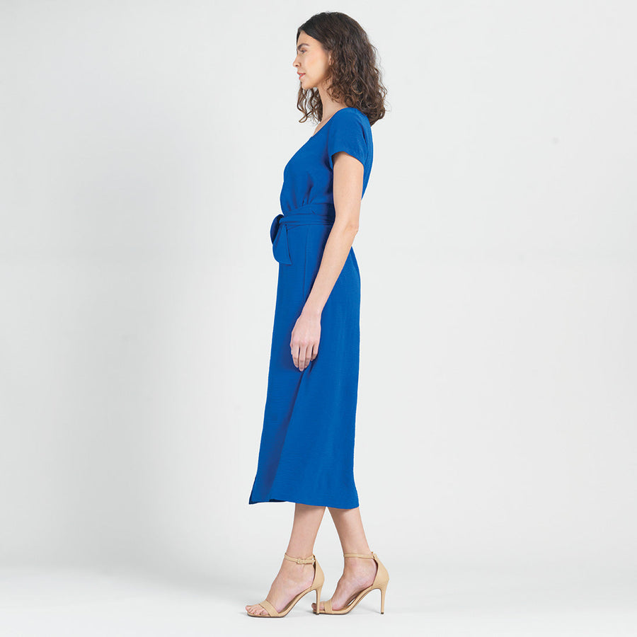 Soft Textured Rayon - Wrap Overlay Center Tie Midi Dress - Cobalt