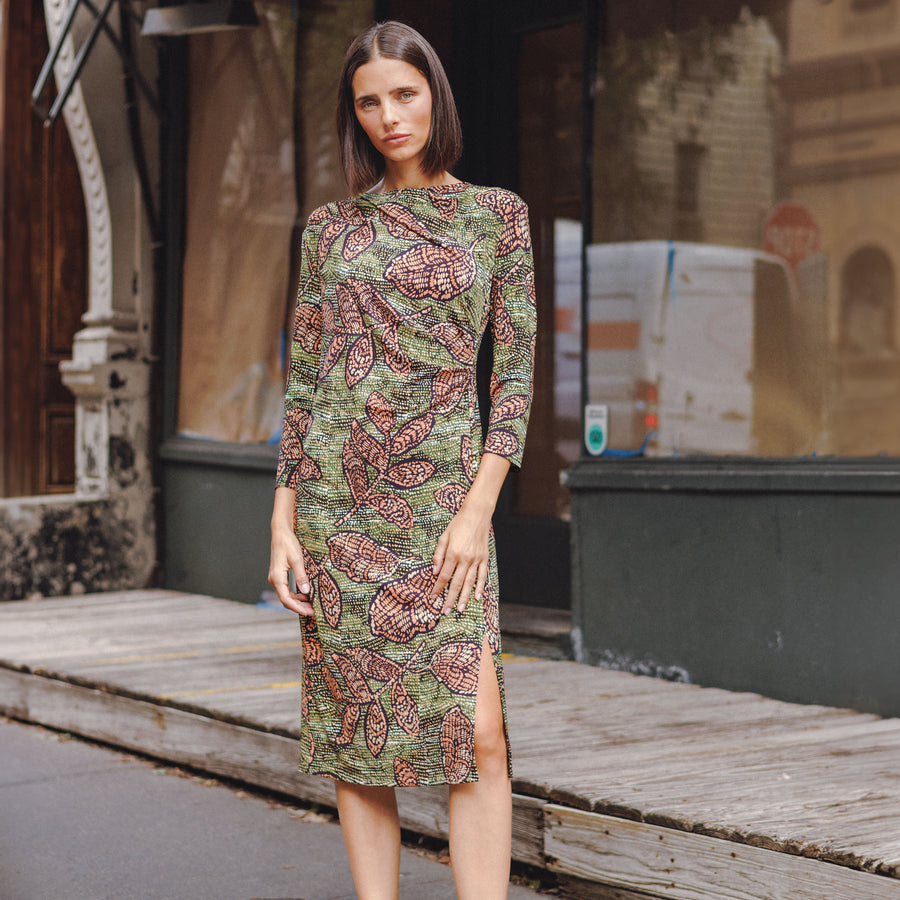 Womens 3/4 Sleeve Midi Dress Mosaic Leaves Print Womens 3/4 Sleeve Midi Dress Mosaic Leaves Print