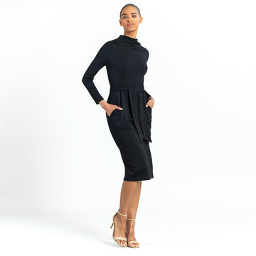 Lightweight Ponte - Tie Waist Pocket Midi Dress - Black - Final Sale!