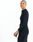 Lightweight Ponte - Tie Waist Pocket Midi Dress - Black