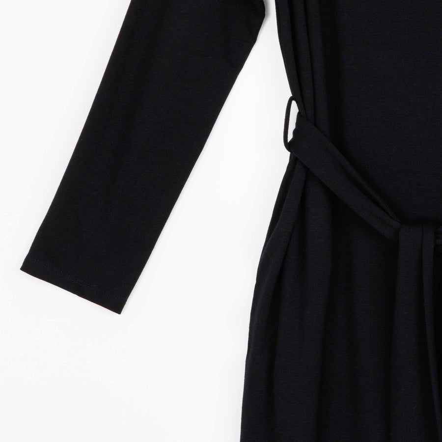 Lightweight Ponte - Tie Waist Pocket Midi Dress - Black