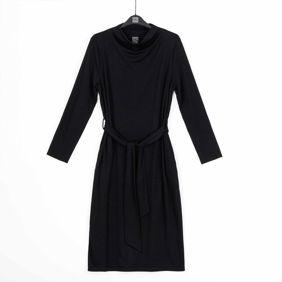 Lightweight Ponte - Tie Waist Pocket Midi Dress - Black - Final Sale!