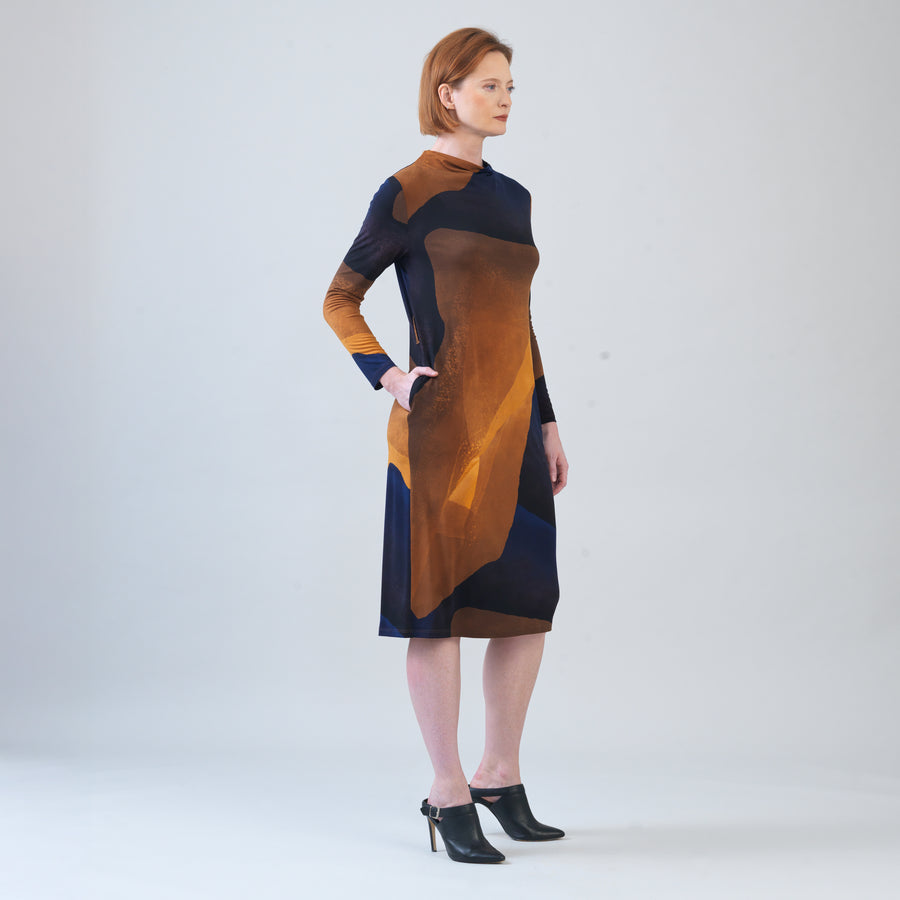 Tie Waist Pocket Midi Dress - Tan Watercolor - Final Sale!