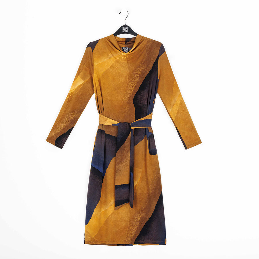 Tie Waist Pocket Midi Dress - Tan Watercolor