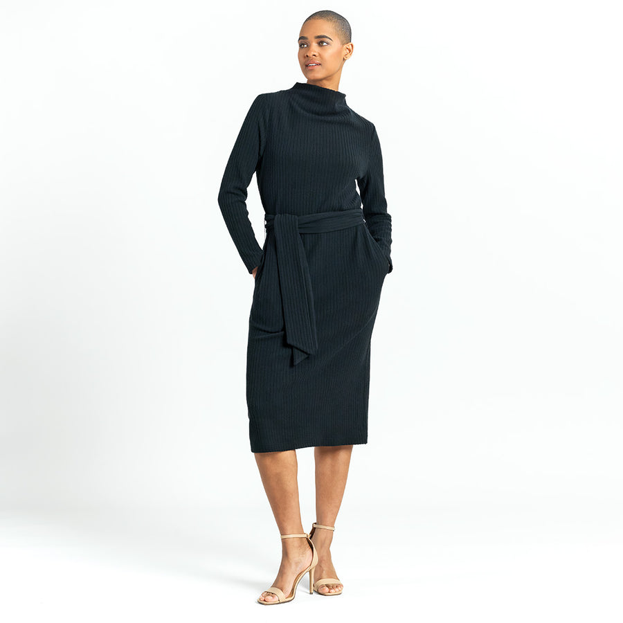 Chunky Ribbed - Tie Waist Pocket Midi Sweater Dress - Black - Final Sale!