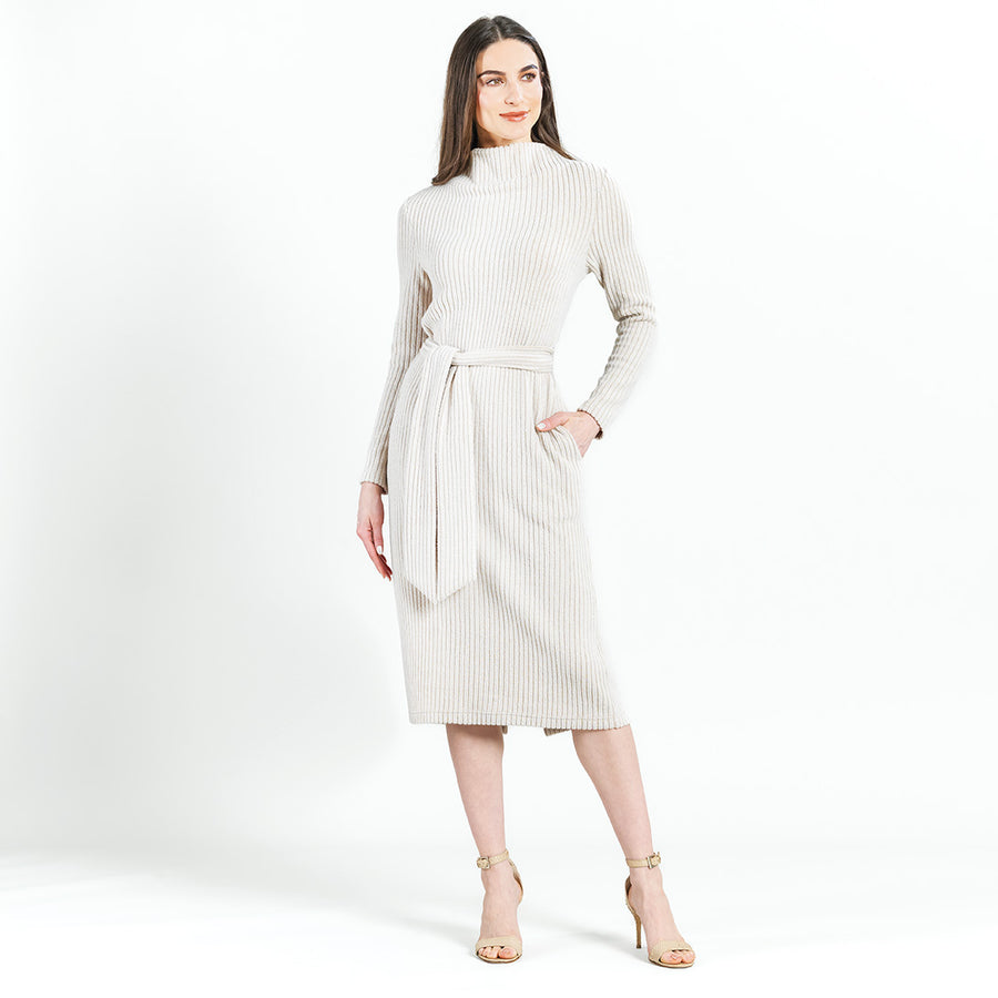 Chunky Ribbed - Tie Waist Pocket Midi Sweater Dress - Sand