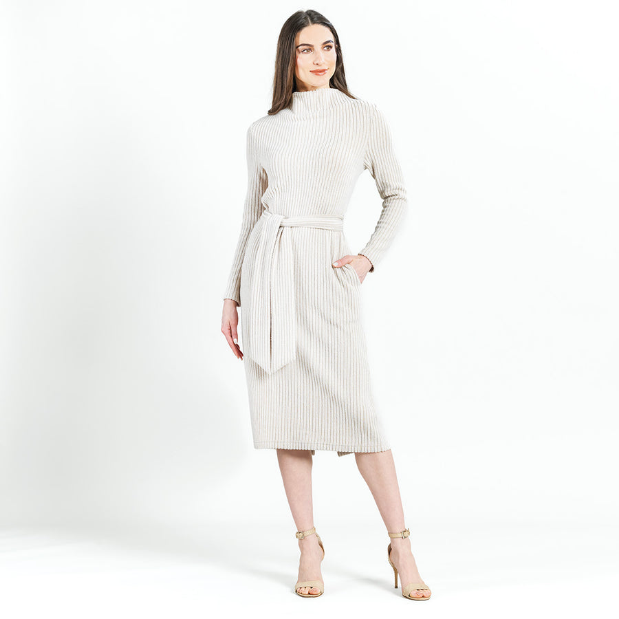 Chunky Ribbed - Tie Waist Pocket Midi Sweater Dress - Sand - Final Sale!