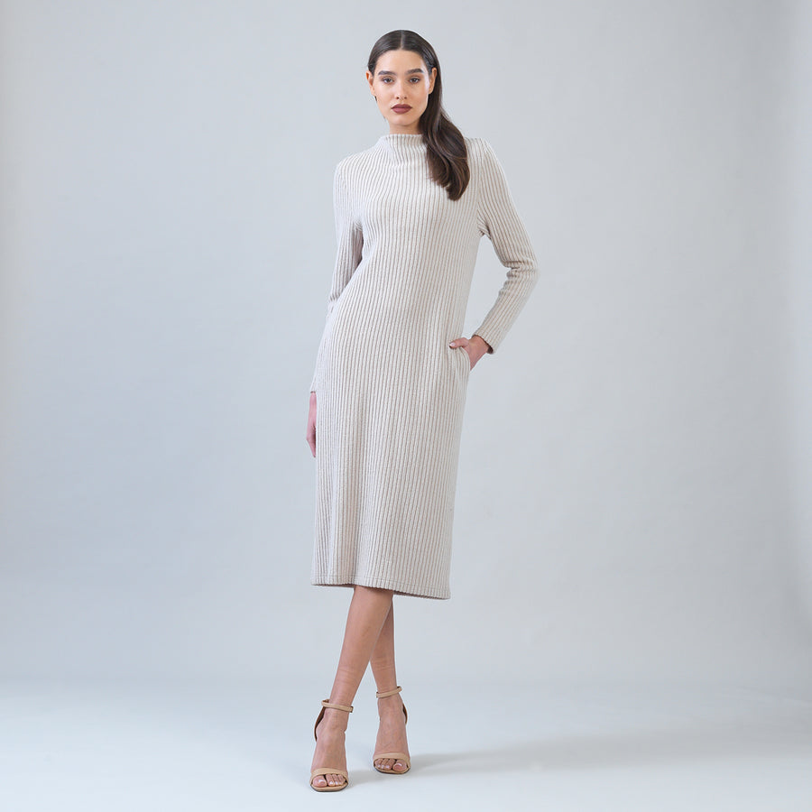 Chunky Ribbed - Tie Waist Pocket Midi Sweater Dress - Sand - Final