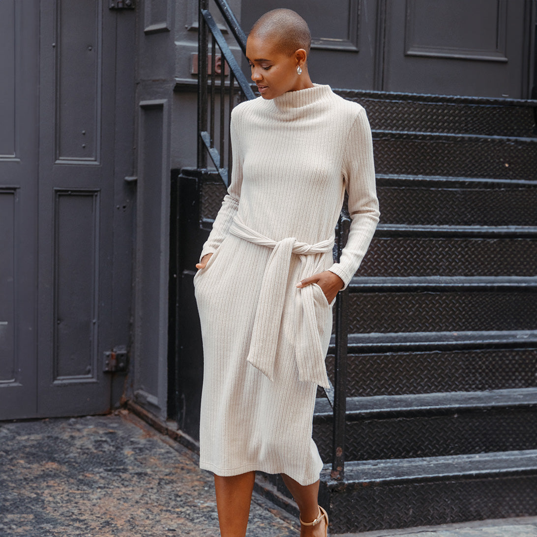 Womens Chunky Ribbed Tie Waist Midi Sweater Dress Sand