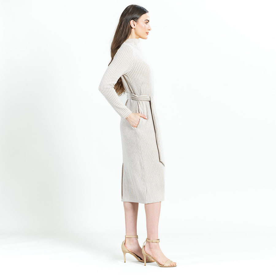 Chunky Ribbed - Tie Waist Pocket Midi Sweater Dress - Sand