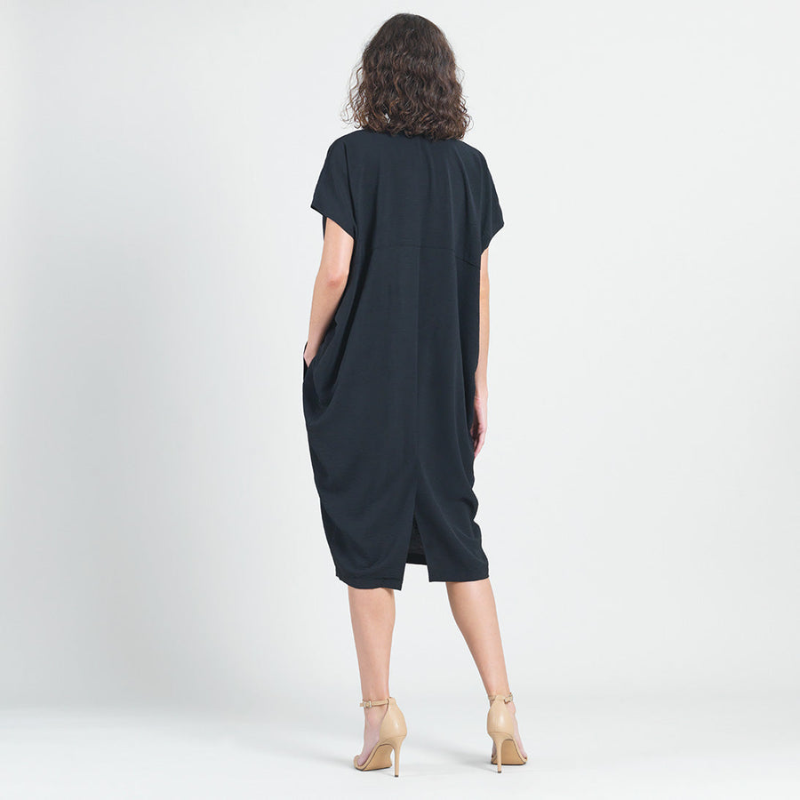 Soft Textured Rayon - Empire Waist Caftan Pocket Dress - Black