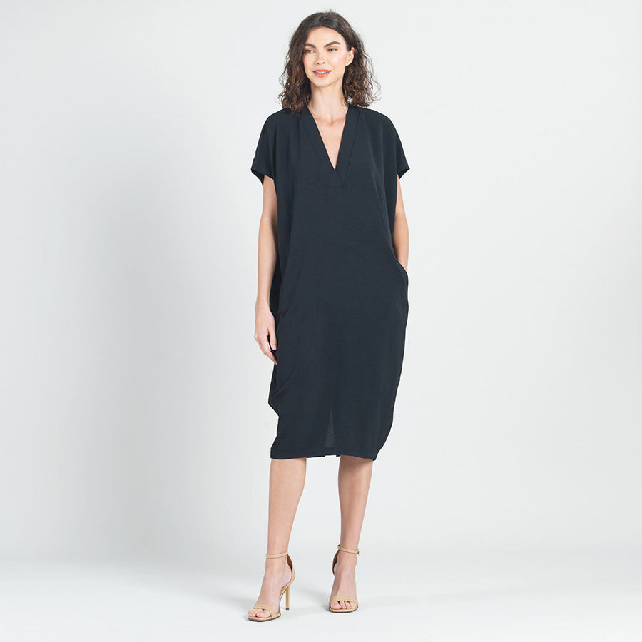 Soft Textured Rayon - Empire Waist Caftan Pocket Dress - Black