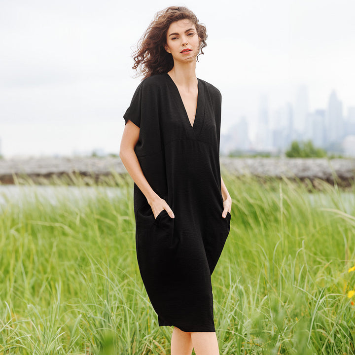 Textured Rayon - Caftan Pocket Dress - Black - Final Sale Textured Rayon - Caftan Pocket Dress - Black - Final Sale