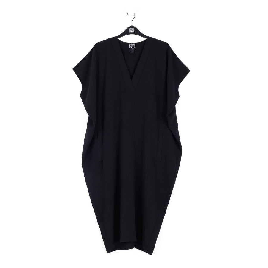 Soft Textured Rayon - Empire Waist Caftan Pocket Dress - Black