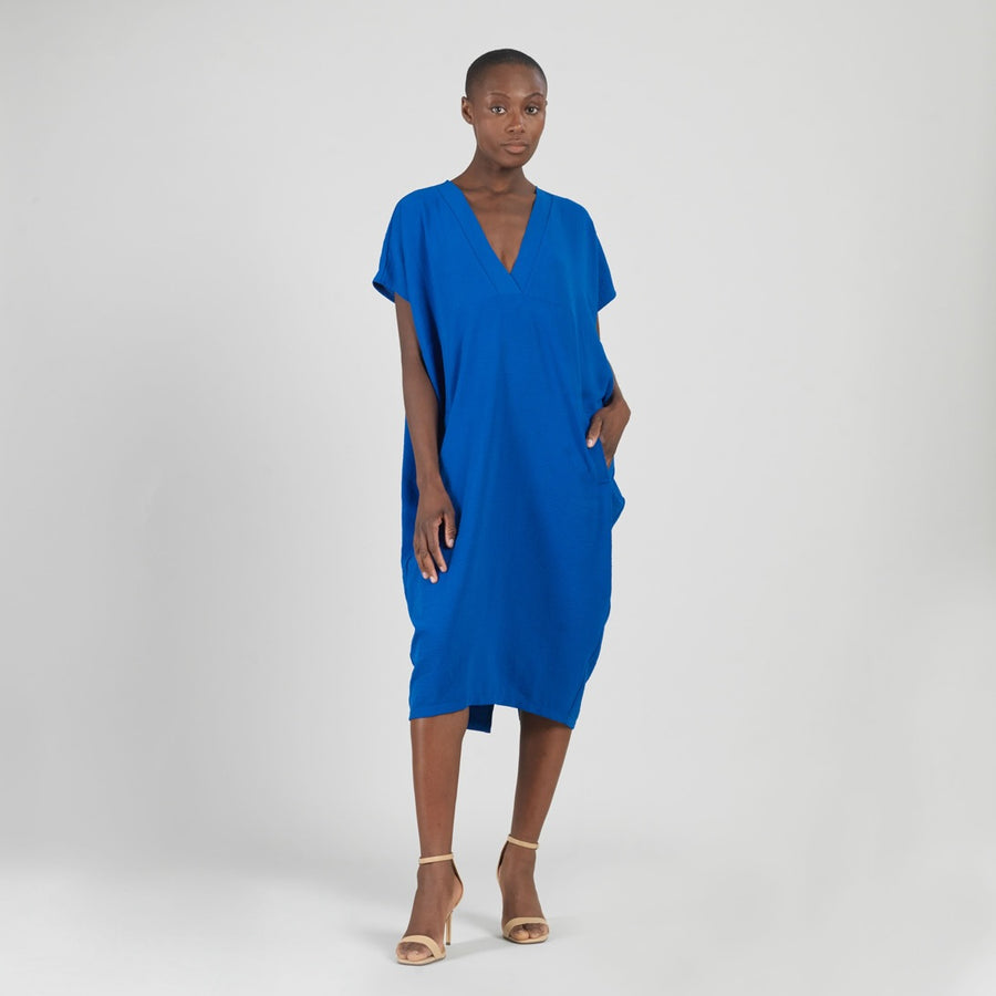Textured Rayon - Caftan Pocket Dress - Cobalt