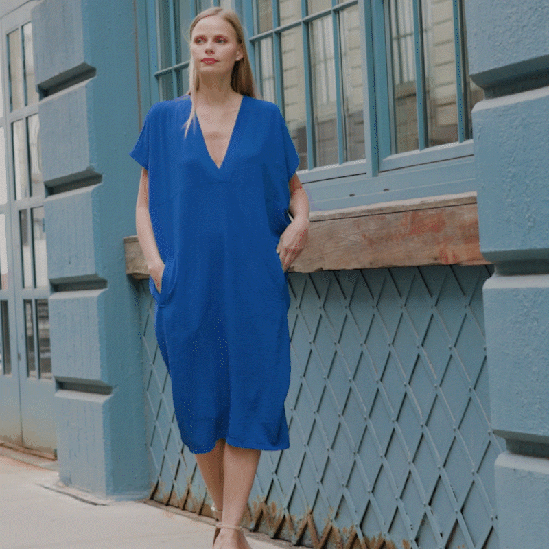 Soft Textured Rayon - Empire Waist Caftan Pocket Dress - Cobalt
