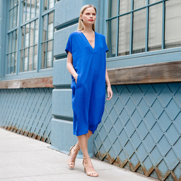 Soft Textured Rayon - Empire Waist Caftan Pocket Dress - Cobalt
