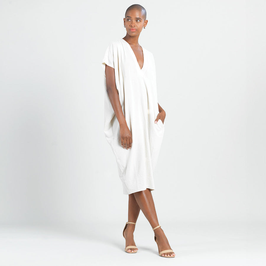 Soft Textured Rayon - Empire Waist Caftan Pocket Dress - Ivory