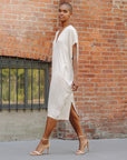 Soft Textured Rayon - Empire Waist Caftan Pocket Dress - Ivory
