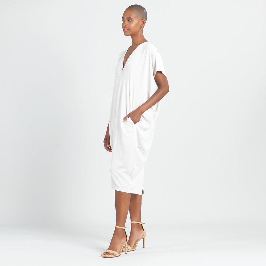 Soft Textured Rayon - Empire Waist Caftan Pocket Dress - Ivory