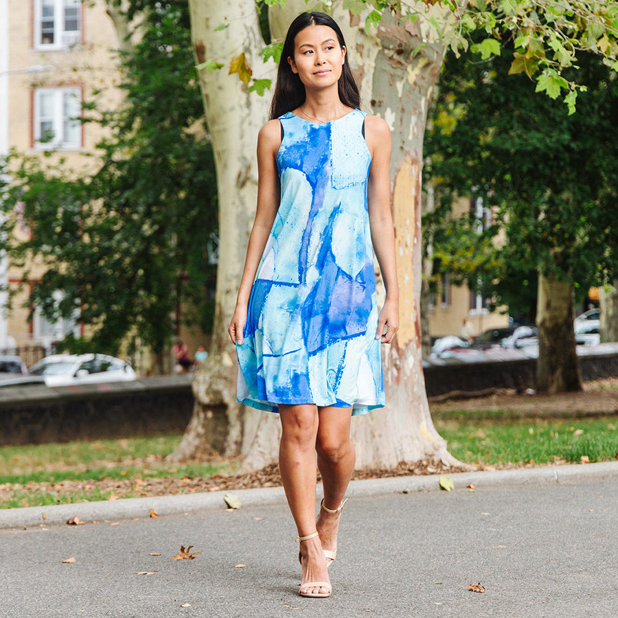 Jewel Neck Swing Dress - Water Splash