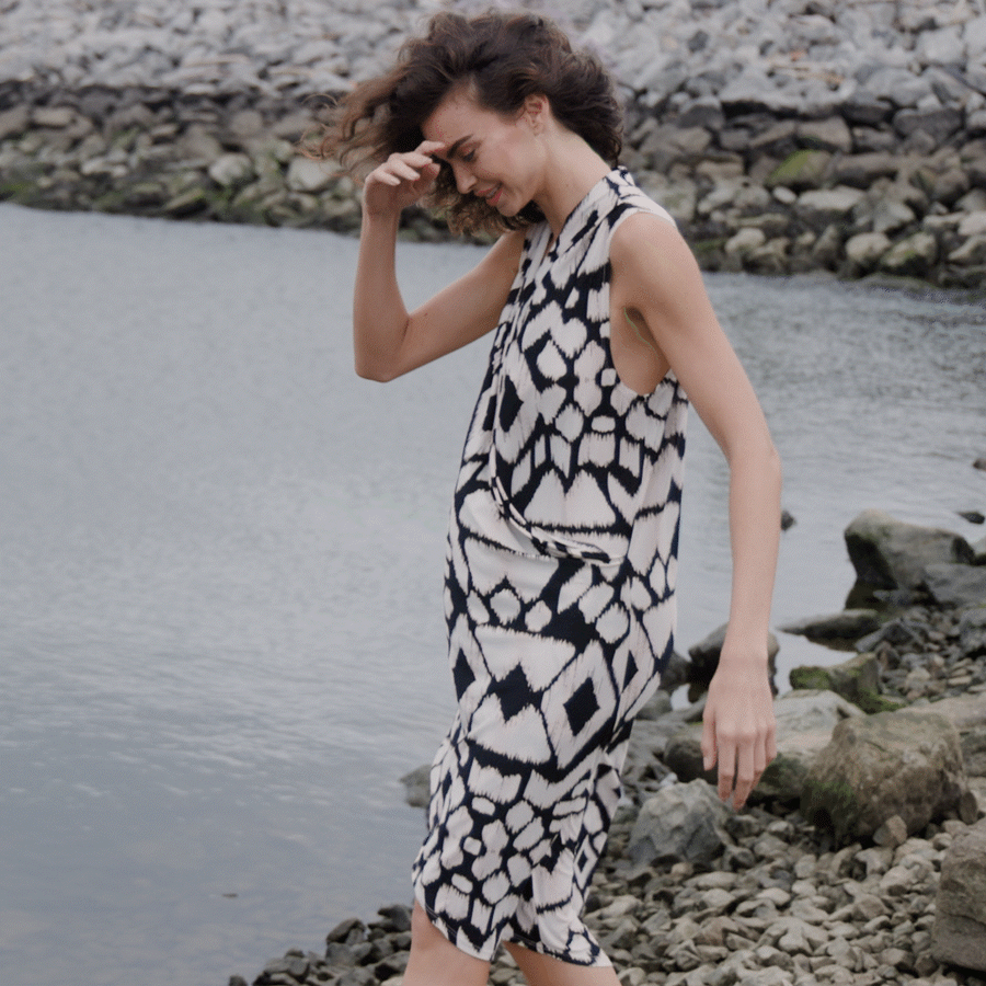 Crinkle Pleat Knit - Crossover Tulip Hem Dress - Aztec Crinkle Pleat Knit - Crossover Tulip Hem Dress - Aztec