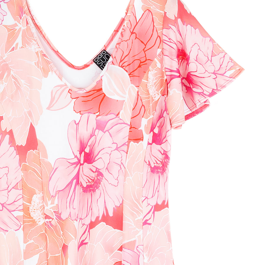 Butter Knit - Flutter Sleeve A-Line Midi Dress - Sunset Petals