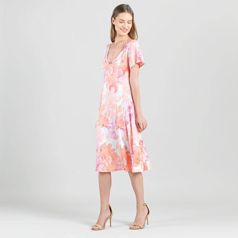 Butter Knit - Flutter Sleeve A-Line Midi Dress - Sunset Petals