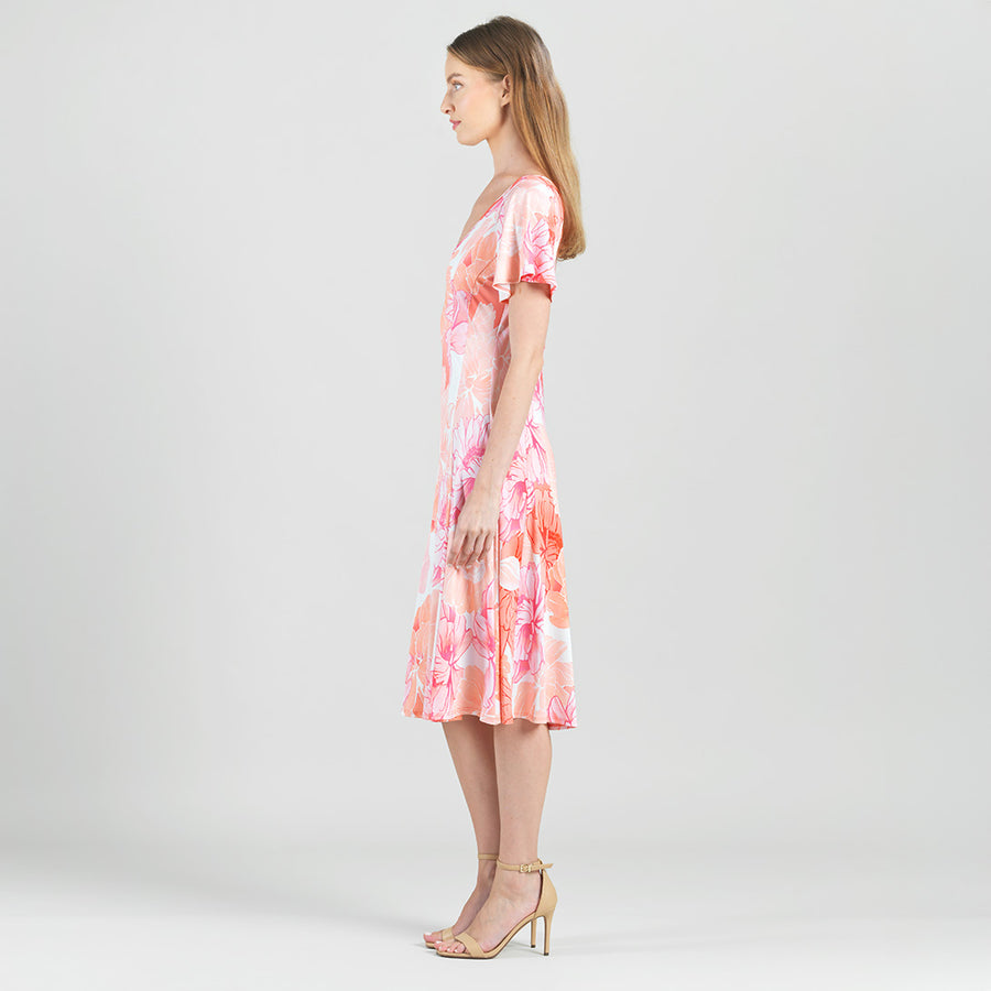 Butter Knit - Flutter Sleeve A-Line Midi Dress - Sunset Petals