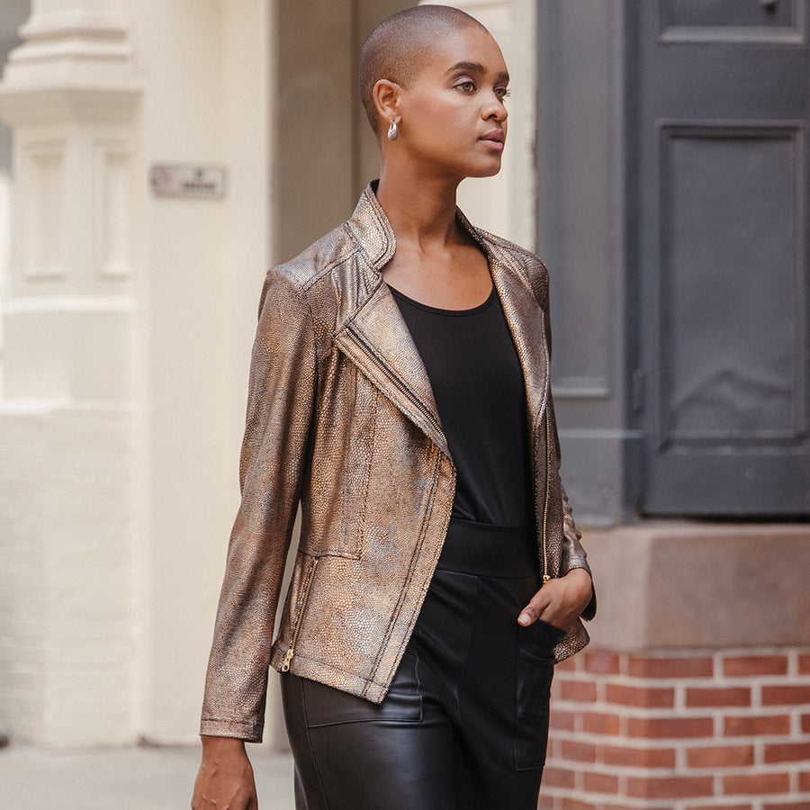 Metallic Liquid Leather™ Textured Biker Jacket - Gunmetal Silver