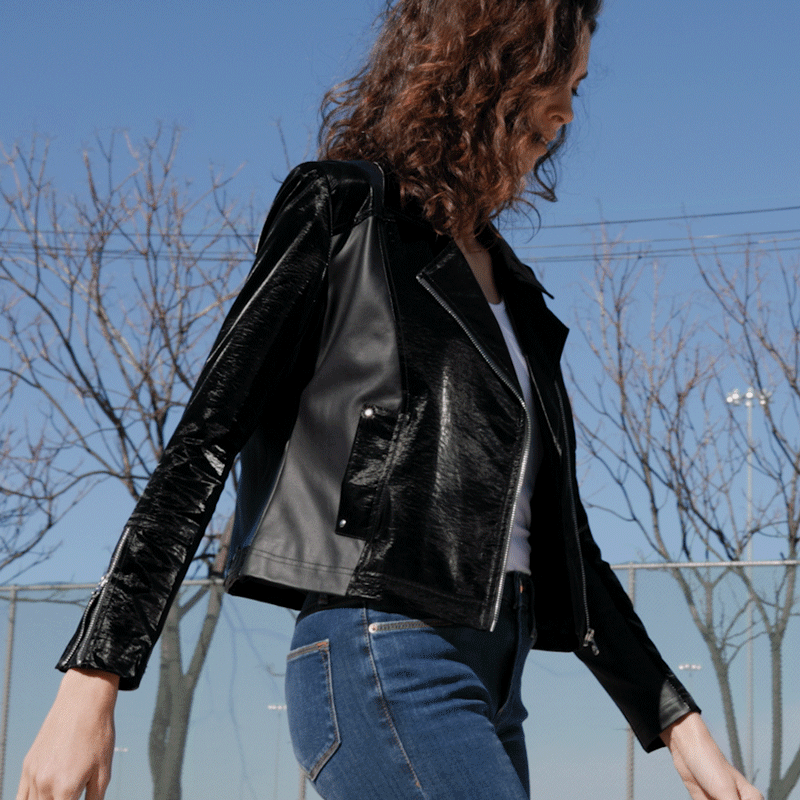 Vinyl + Liquid Leather™ Panel Zip Cuff Pocket Jacket - Black