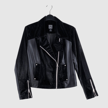 Vinyl + Liquid Leather™ Panel Zip Cuff Pocket Jacket - Black