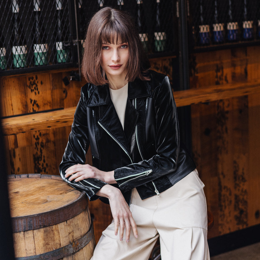 Vinyl + Liquid Leather™ Panel Zip Cuff Pocket Jacket - Black - Final Sale