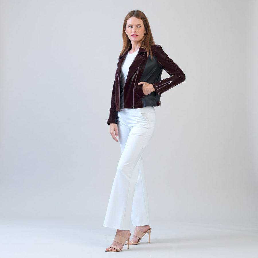 Vinyl + Liquid Leather™ Panel Zip Cuff Pocket Jacket - Mulberry
