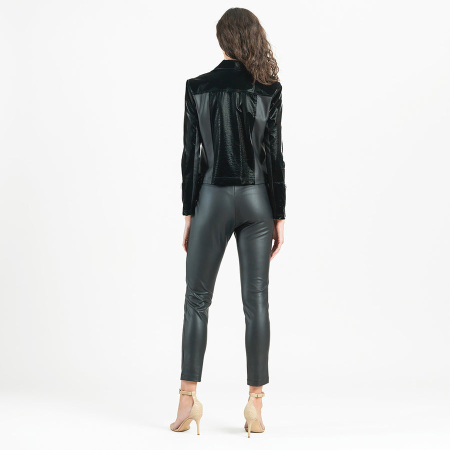 Vinyl + Liquid Leather™ Panel Zip Cuff Pocket Jacket - Black