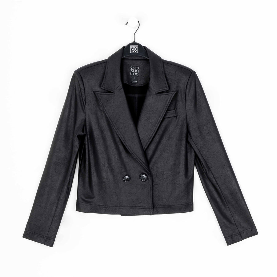 Liquid Leather™ Cropped Tuxedo Blazer - Black