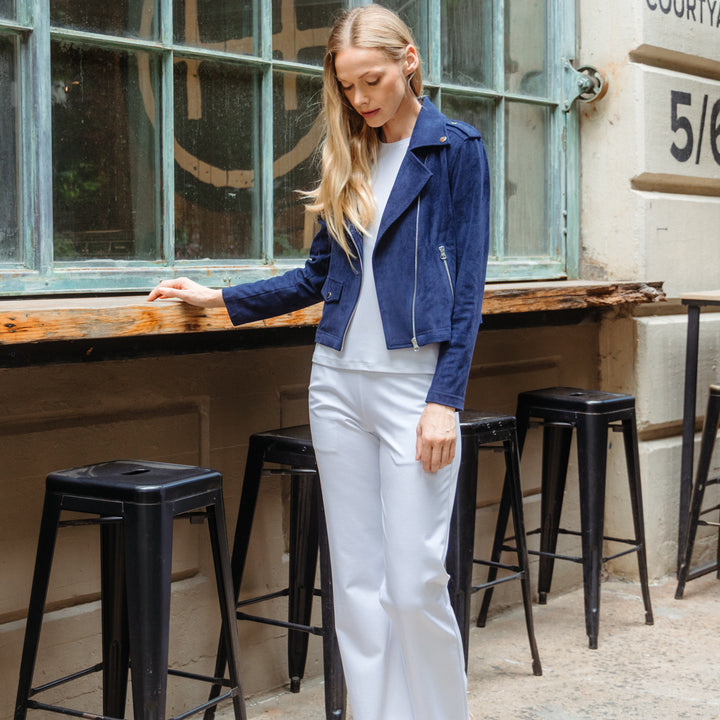 Soft Suede - Architectural Moto Jacket - Navy – Clara Sunwoo