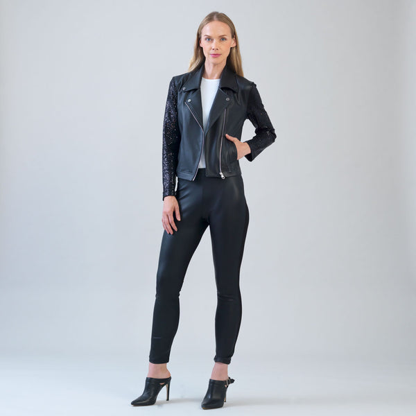 Sequin Knit - Liquid Leather™ Sheen Moto Jacket - Black - Final