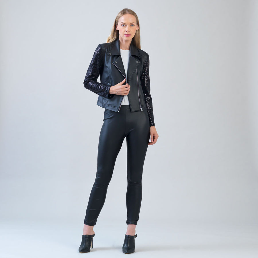 Sequin Knit - Liquid Leather™ Sheen Moto Jacket - Black - Final