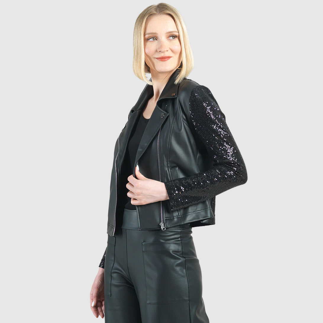Sequin Knit - Liquid Leather™ Sheen Moto Jacket - Black