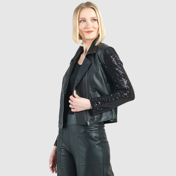 Sequin Knit - Liquid Leather™ Sheen Moto Jacket - Black