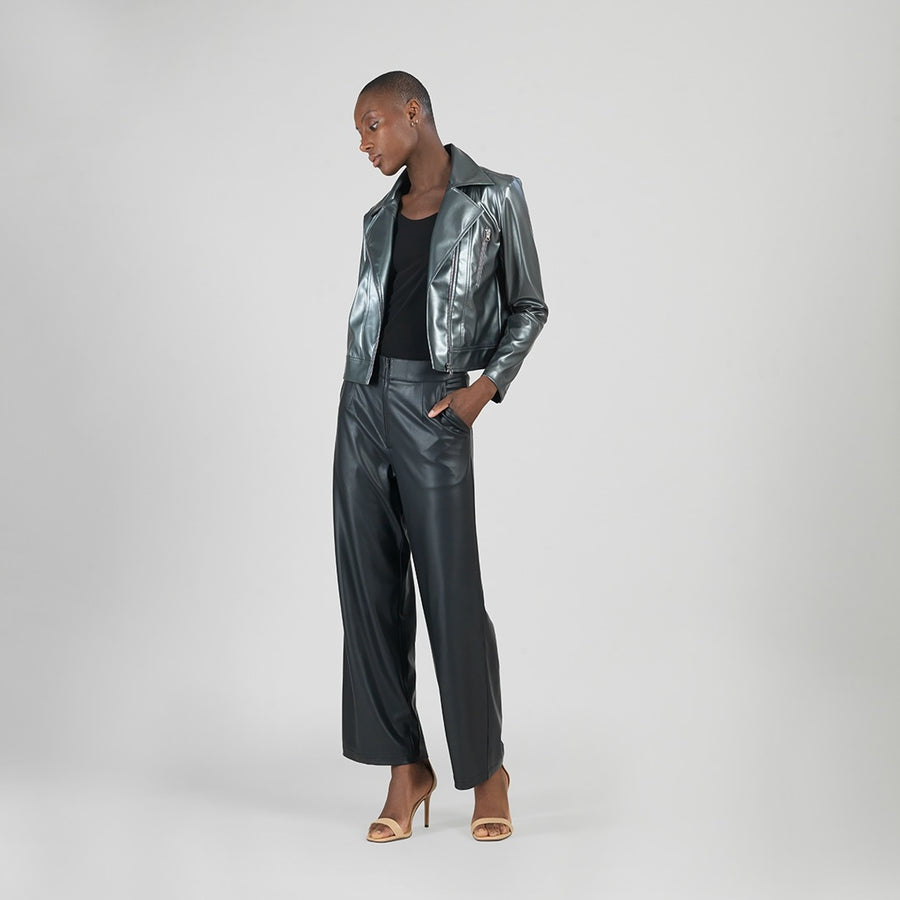 Vegan Sheen - Zip Cuff Moto Waist Jacket - Gunmetal
