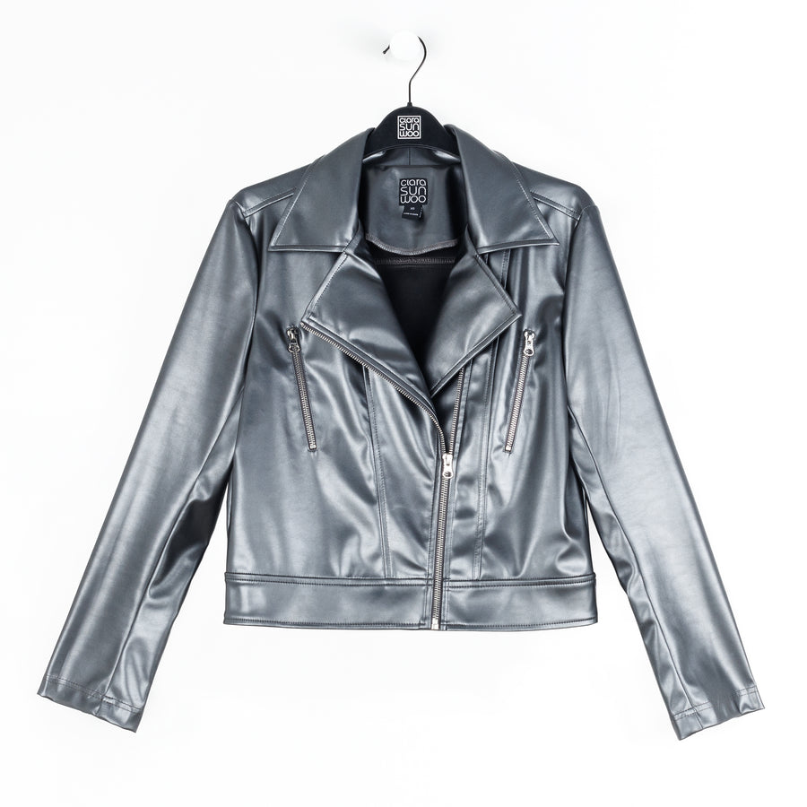 Vegan Sheen - Zip Cuff Moto Waist Jacket - Gunmetal