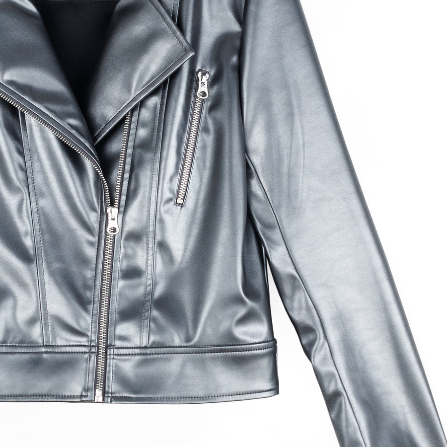 Vegan Sheen - Zip Cuff Moto Waist Jacket - Gunmetal