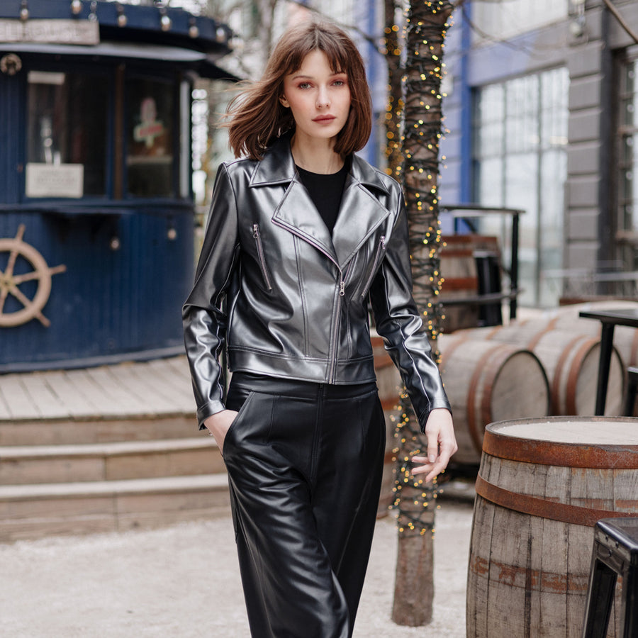 Vegan Sheen - Zip Cuff Moto Waist Jacket - Gunmetal